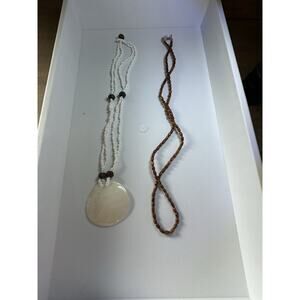 Vintage White Seed Bead Shell Pendant Necklace 18” & Brown Beaded Necklace 24”